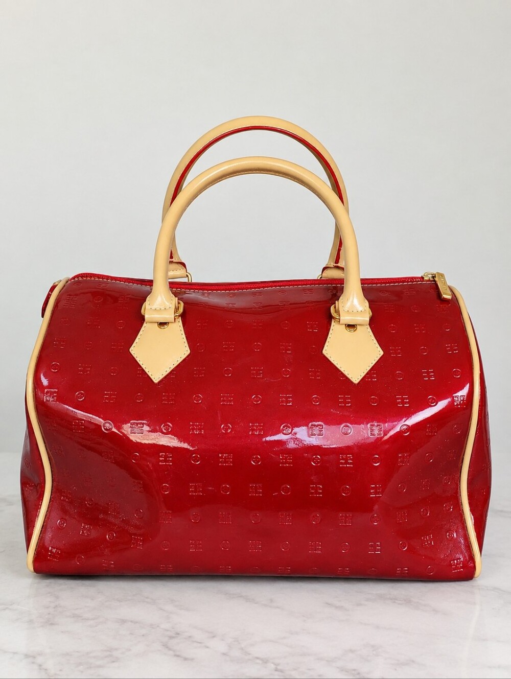Arcadia Leather Red Patent Leather Monogram Satchel Handbag Purse